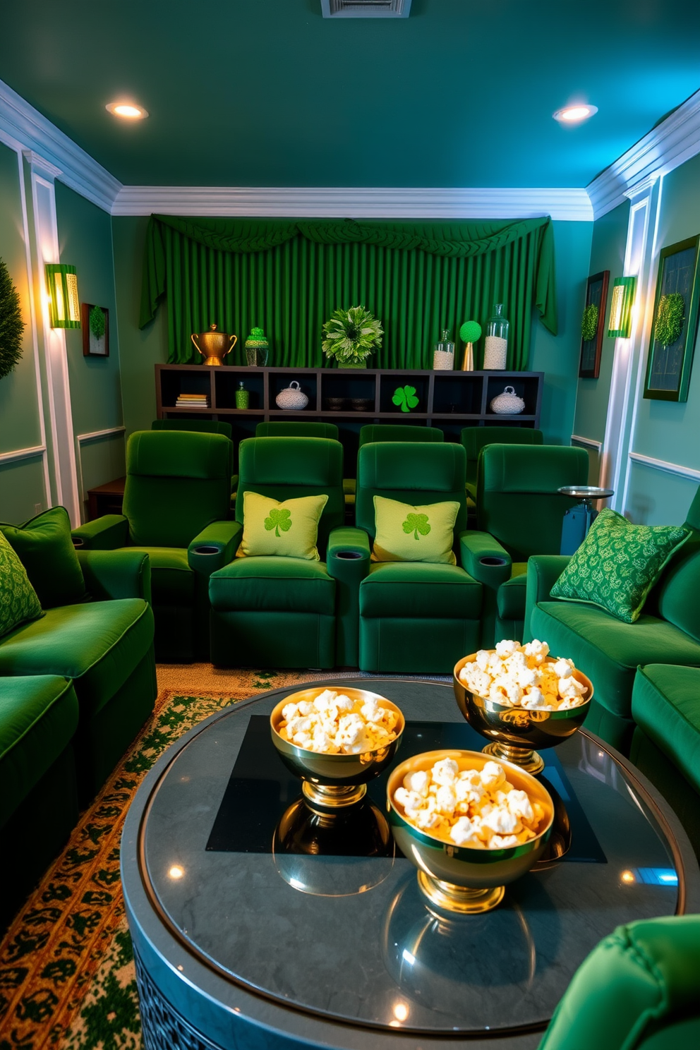 St Patrick's Day themed popcorn containers are arranged on a sleek wooden table in the home theater. Each container features vibrant green colors and festive shamrock designs, creating a lively atmosphere for movie night. The home theater is adorned with St Patrick's Day decorations, including green and gold streamers hanging from the ceiling. Cozy seating is enhanced by plush green cushions, inviting guests to enjoy a fun and festive viewing experience.