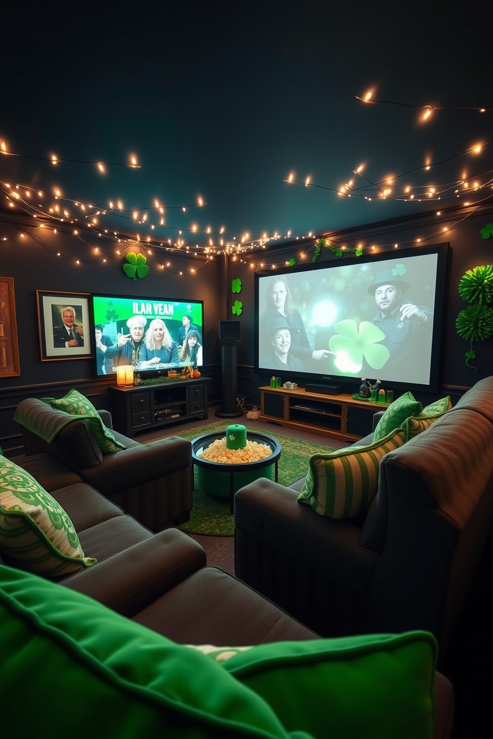 A cozy home theater setting adorned with green and white striped tablecloths draping over plush seating. The walls are decorated with festive St. Patrick's Day accents, including shamrock garlands and twinkling fairy lights.