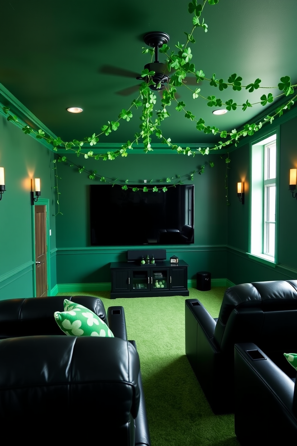 A vibrant home theater adorned with a DIY shamrock garland draped elegantly across the ceiling. The walls are painted a deep emerald green, and plush seating in rich black leather provides a cozy viewing experience for St. Patrick's Day celebrations.