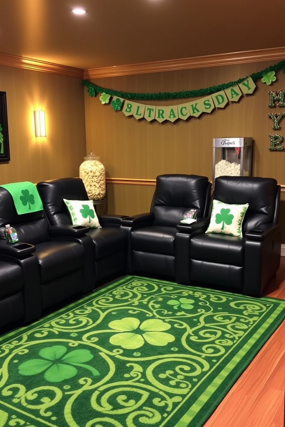 A cozy home theater featuring a St. Patrick's Day themed area rug that showcases vibrant green hues and intricate Celtic patterns. The seating arrangement includes plush, dark leather recliners positioned for optimal viewing, with soft golden lighting creating a warm ambiance. Decorative accents include shamrock-themed throw pillows scattered across the seating and a festive banner draped along the back wall. A popcorn machine sits in the corner, adding a playful touch to the overall design while enhancing the movie-watching experience.