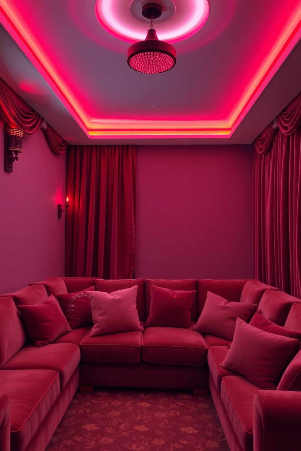 A cozy home theater setting adorned with romantic red and pink lighting accents. The walls are draped in plush velvet curtains, and soft cushions in complementary shades are scattered across the seating area.