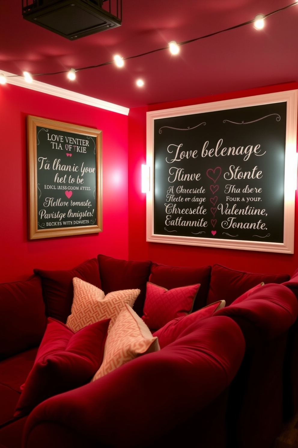 A cozy home theater setting designed for Valentine's Day. The walls are painted a deep red, and a large chalkboard is mounted on one wall displaying romantic love quotes in elegant white lettering. Plush seating with soft throw pillows creates an inviting atmosphere. String lights twinkle above, adding a warm glow to the space for a perfect movie night.