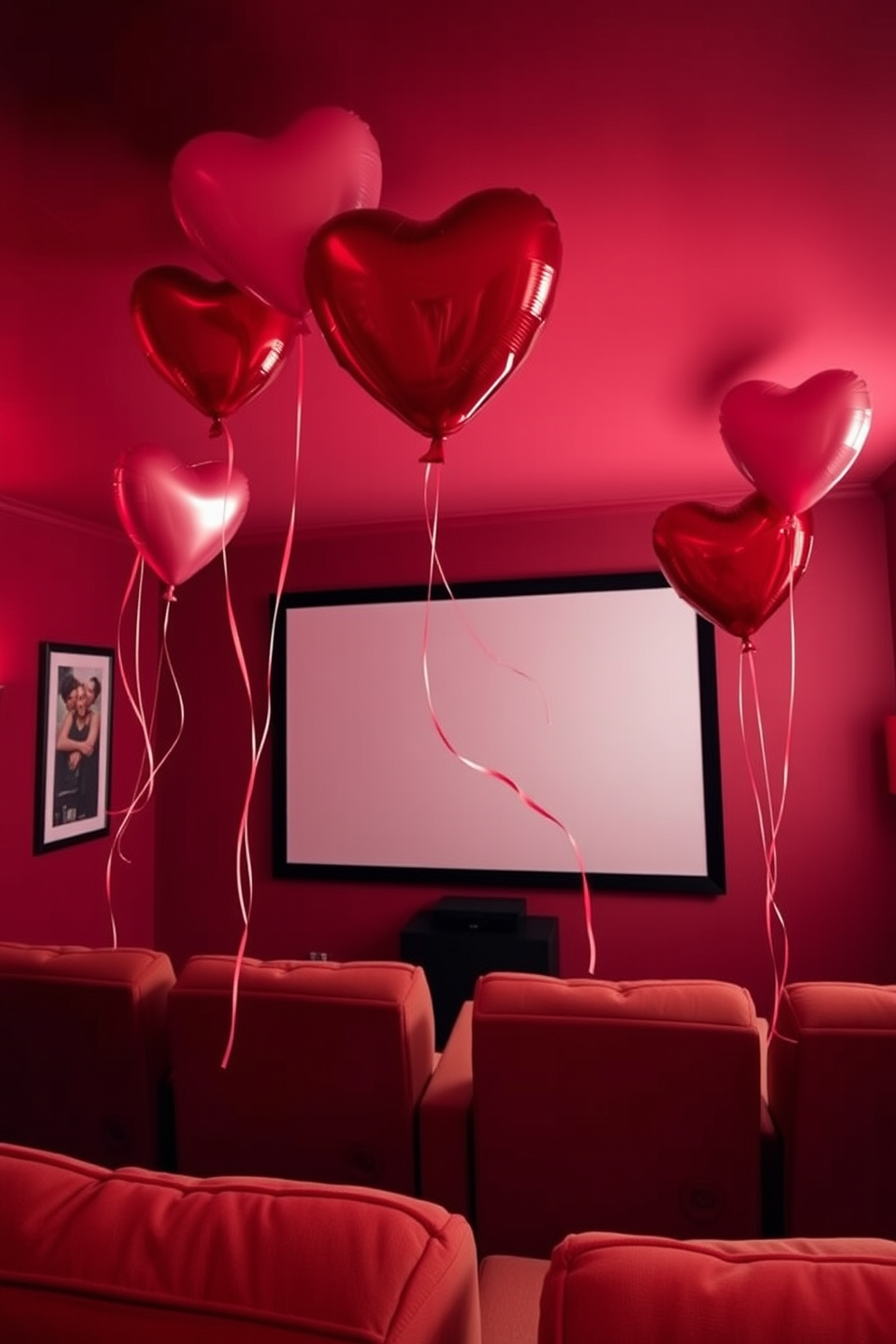 A cozy home theater setting adorned with heart-shaped balloons floating gracefully in the corners. The walls are painted in a deep red hue, complemented by plush seating and soft lighting to create an intimate atmosphere for Valentine's Day celebrations.