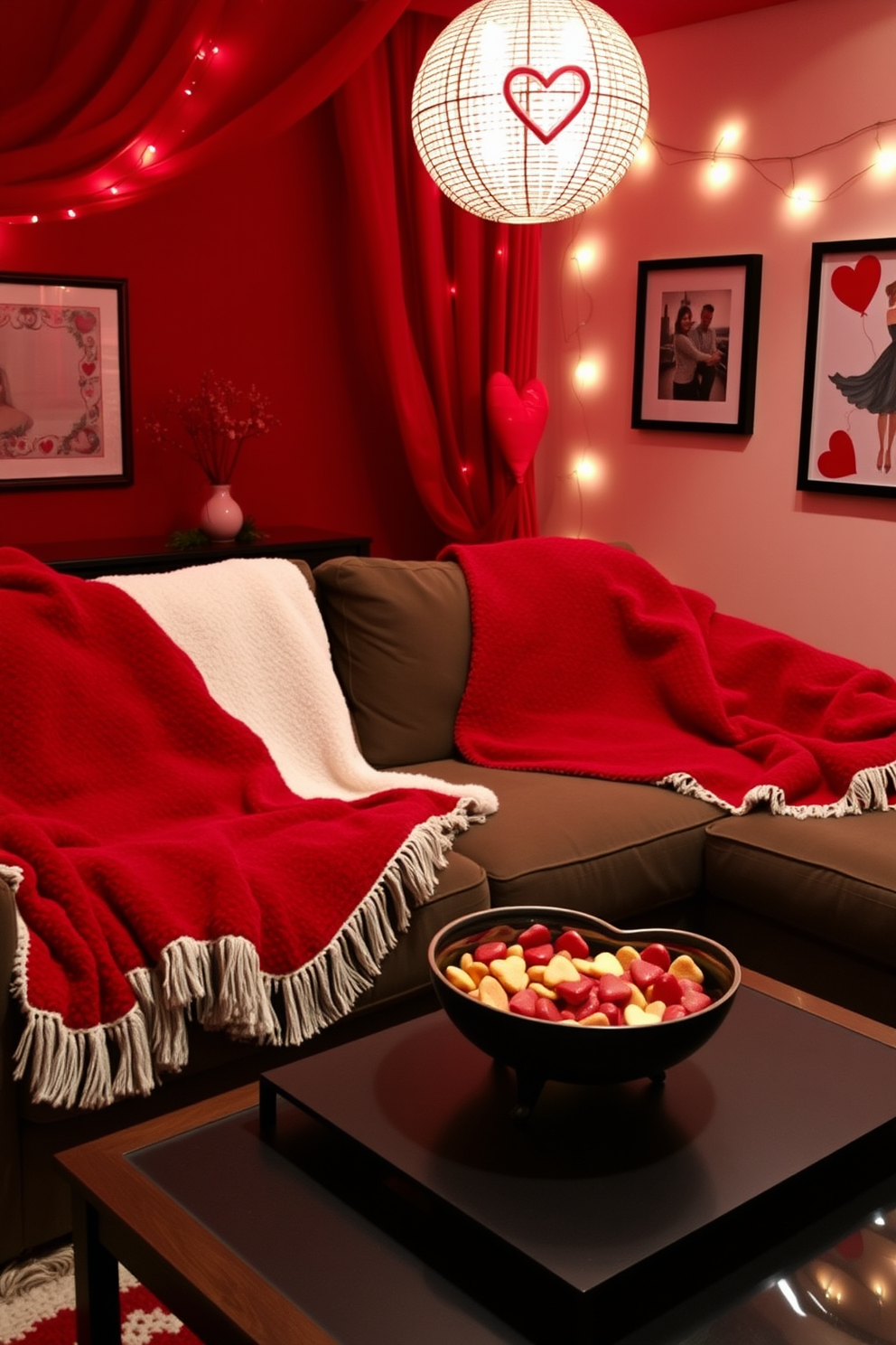 A cozy home theater setting for Valentine's Day. Soft red and white blankets are draped over the plush seating, creating an inviting atmosphere. The walls are adorned with romantic artwork and fairy lights, enhancing the festive mood. A bowl of heart-shaped snacks sits on the coffee table, completing the charming decor.