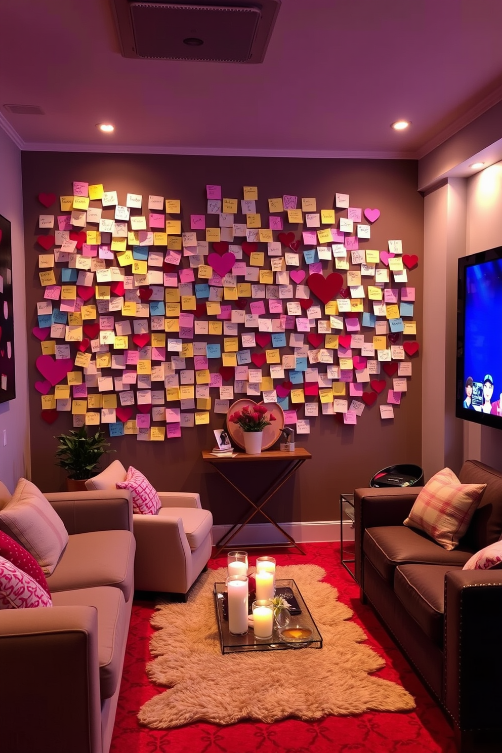 Create a cozy DIY love note wall for guests. The wall is adorned with colorful sticky notes featuring heartfelt messages and drawings, creating an inviting and personal atmosphere. Design a home theater perfect for Valentine's Day. The space is filled with plush seating, soft lighting, and romantic decor, making it an ideal spot for movie nights with loved ones.