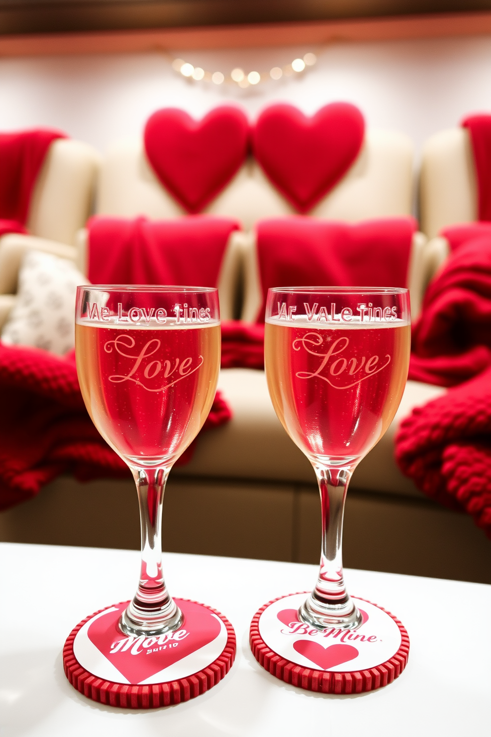 Valentine themed coasters for drinks. The coasters are designed with heart motifs in shades of red and pink, featuring elegant script that reads Love and Be Mine. Home Theater Valentines Day Decorating Ideas. The space is adorned with soft lighting and plush red throw blankets, creating a cozy atmosphere perfect for a romantic movie night.