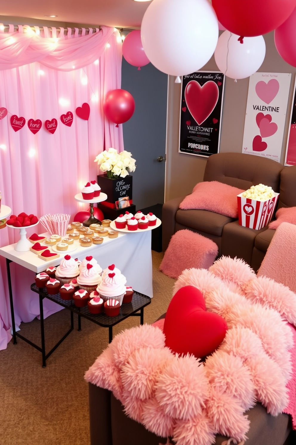 A charming sweetheart snack bar is set up with an array of delightful treats including heart-shaped cookies, chocolate-covered strawberries, and pink frosted cupcakes. The bar is adorned with romantic decorations such as fairy lights, pastel-colored balloons, and a backdrop of soft pink fabric. The home theater is transformed for Valentine's Day with cozy seating arrangements featuring plush cushions and blankets in red and white hues. Heart-themed movie posters adorn the walls, and a popcorn station with heart-shaped containers adds a festive touch to the atmosphere.