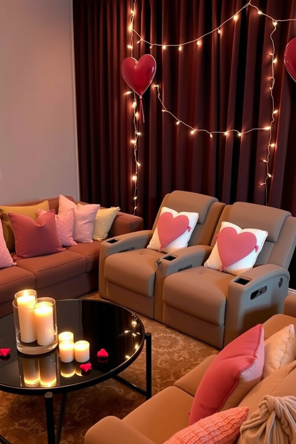 A romantic seating arrangement with plush cushions creates an inviting atmosphere for intimate gatherings. Soft, warm lighting enhances the cozy feel, while a stylish coffee table adorned with candles adds a touch of elegance. For a home theater setting, plush recliners are arranged for optimal viewing, complemented by rich, dark curtains that block out light. Valentine's Day decorations, such as heart-themed throw pillows and subtle string lights, bring a festive charm to the space.