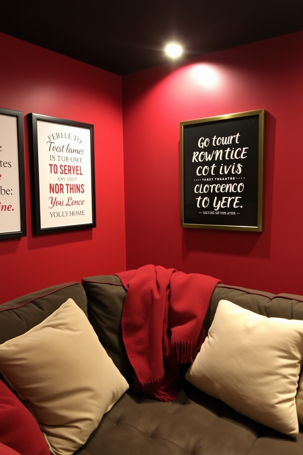 A cozy home theater setting adorned with wall art featuring romantic movie quotes. The walls are painted in a deep red hue, creating an intimate atmosphere, while plush seating is arranged for comfort. Decorative accents include soft throw pillows and a warm blanket draped over the couch. Dimmed lighting enhances the romantic vibe, making it perfect for a Valentine's Day movie night.