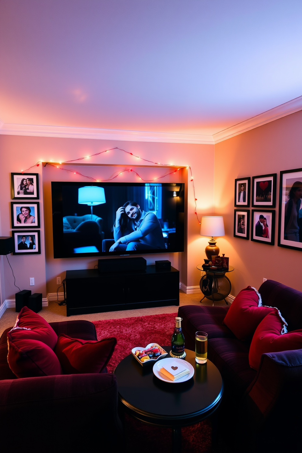 Create a cozy home theater setting designed for a romantic Valentine's Day celebration. The room features plush seating with deep red cushions, a large screen for movie viewing, and soft lighting that creates an intimate atmosphere. The walls are adorned with framed photos of favorite couples, showcasing memorable moments. Decorative accents include heart-shaped pillows and a small table with gourmet snacks and drinks to enhance the experience.