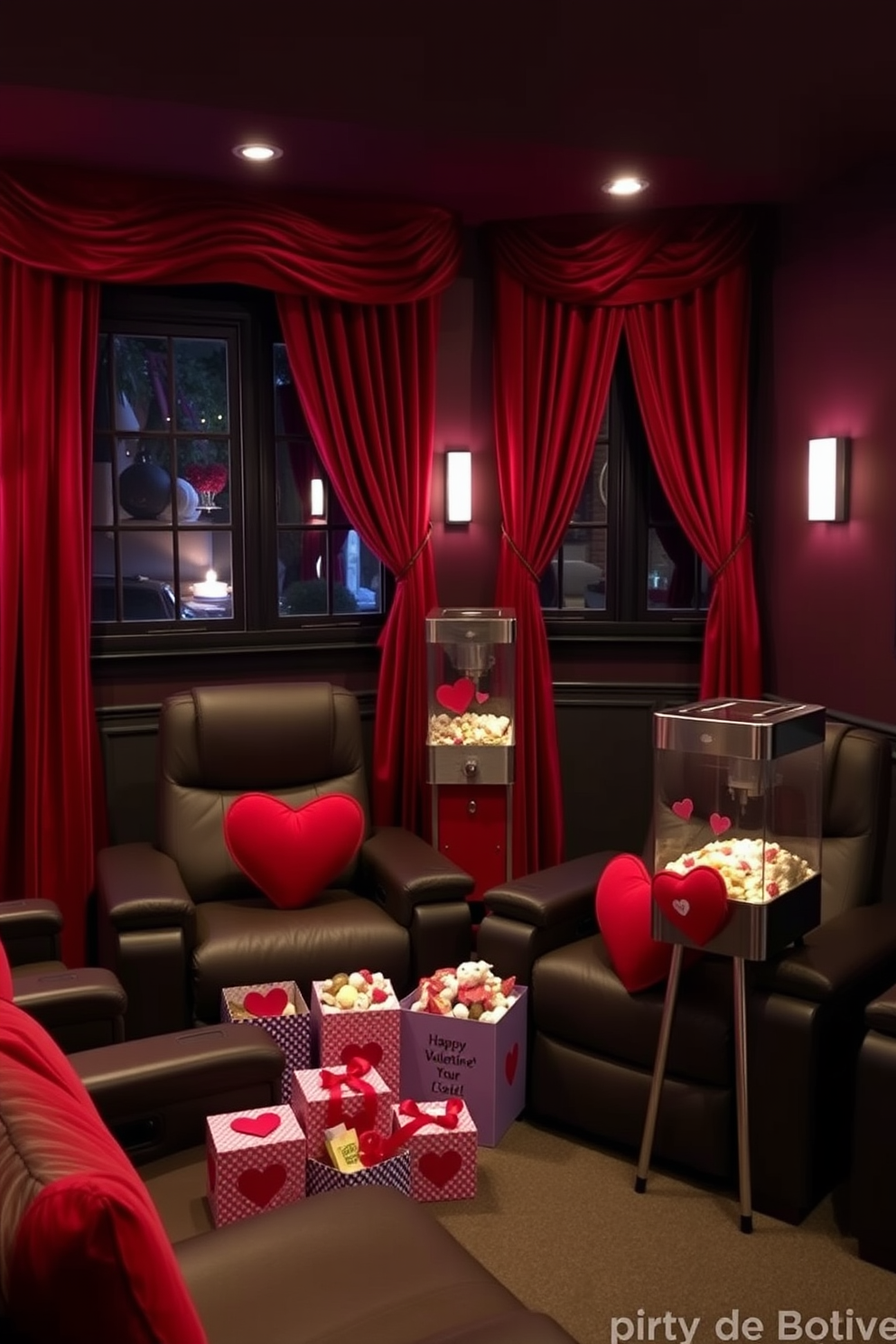 A luxurious home theater setting designed for Valentine's Day. The space is adorned with elegant floral arrangements featuring vibrant red roses, creating a romantic atmosphere. Plush velvet seating is arranged for optimal viewing, complemented by soft ambient lighting. Decorative accents include heart-shaped cushions and candles that enhance the cozy vibe.