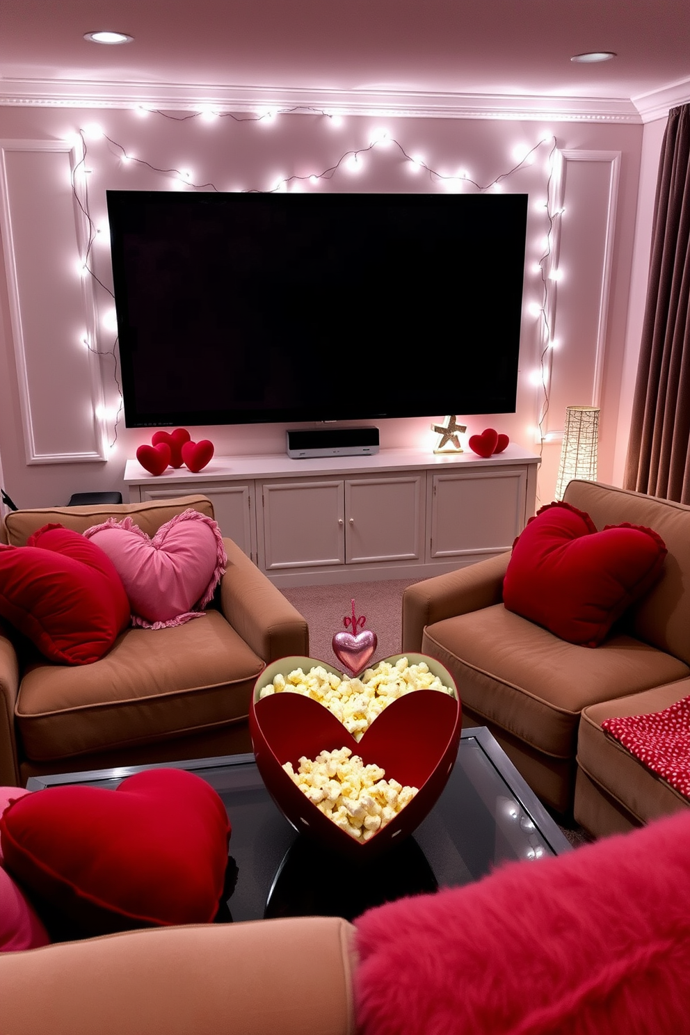 A cozy home theater setting designed for Valentine's Day. The seating features plush sofas adorned with heart-shaped throw pillows in shades of red and pink. Soft lighting creates a romantic ambiance, with fairy lights draped around the screen. A decorative popcorn bowl shaped like a heart sits on the coffee table, completing the festive decor.