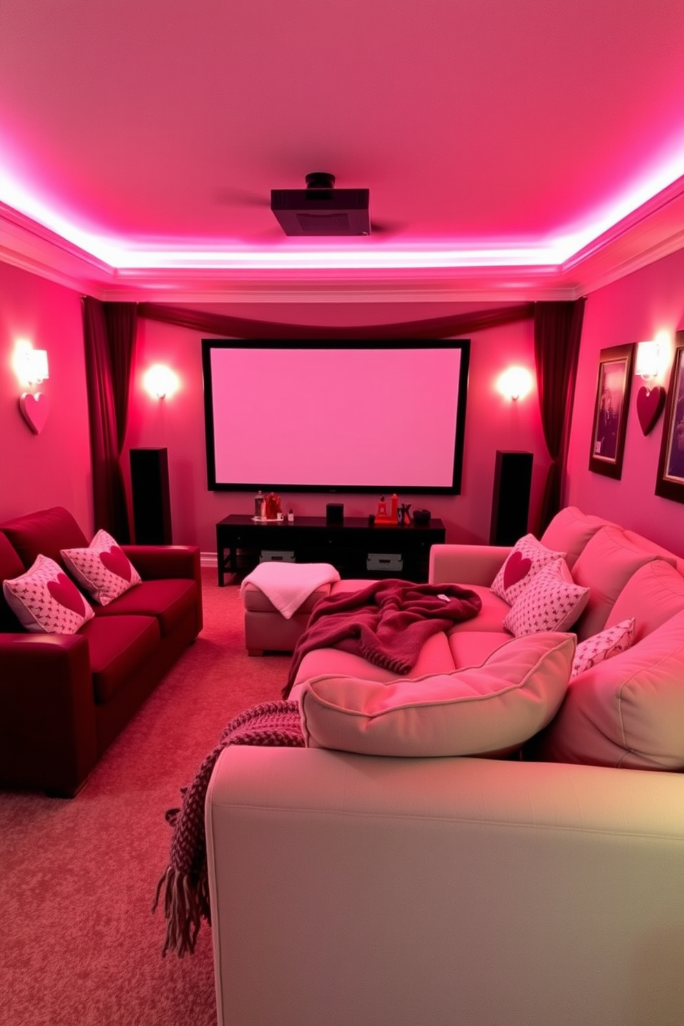 A cozy home theater setting adorned with decorative fairy lights in jars. The warm glow from the lights creates an inviting atmosphere that enhances the cinematic experience. For Valentine's Day, the room is decorated with soft pastel colors and romantic accents. Plush cushions and throws are scattered across the seating area, adding comfort and charm to the space.