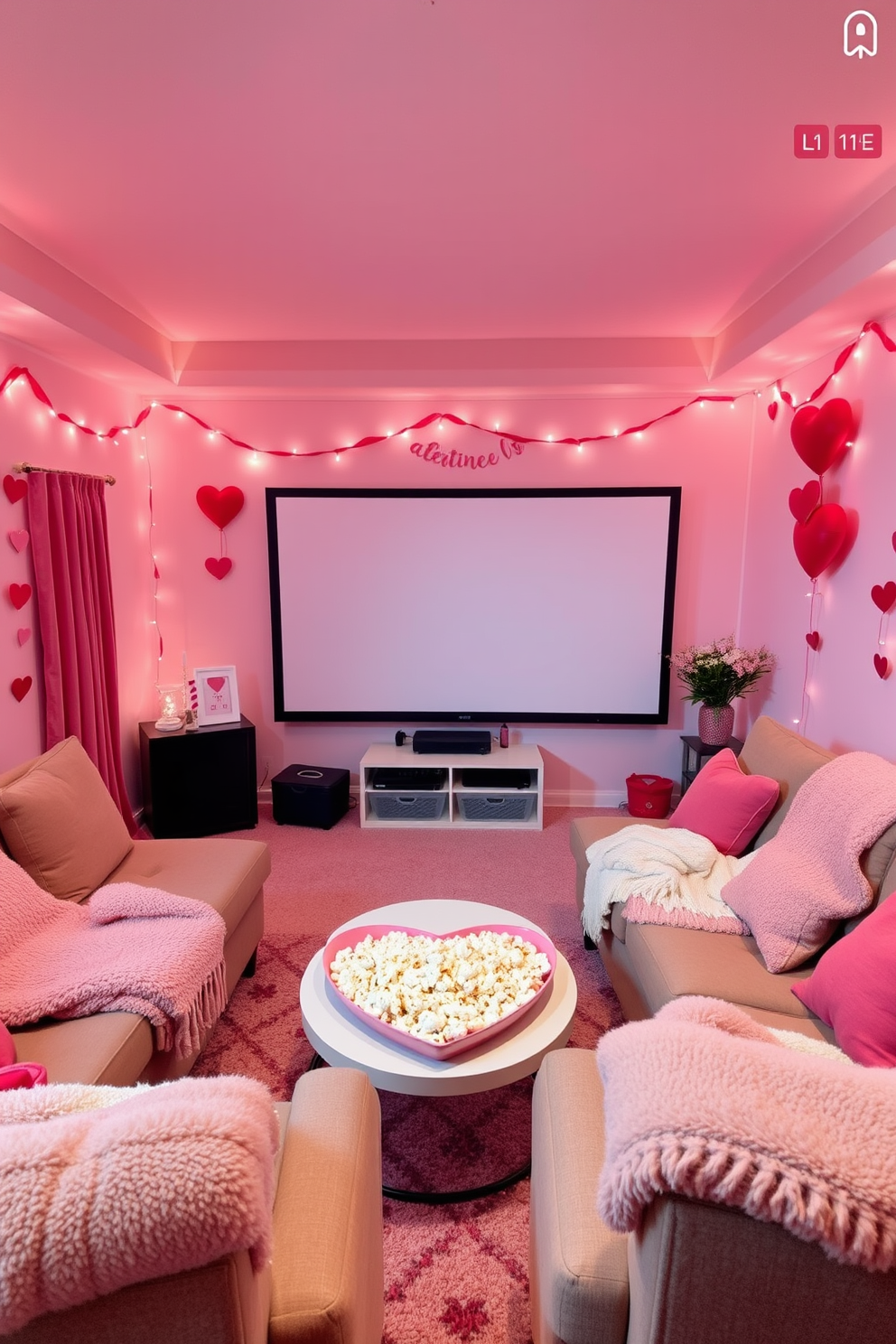 A cozy home theater setting for Valentine's Day. The walls are adorned with soft pink and red decorations, including heart-shaped garlands and fairy lights. Plush seating is arranged in a semi-circle facing a large screen. A bowl of popcorn sits on a heart-themed coffee table, and cozy blankets are draped over the chairs for a romantic movie night.