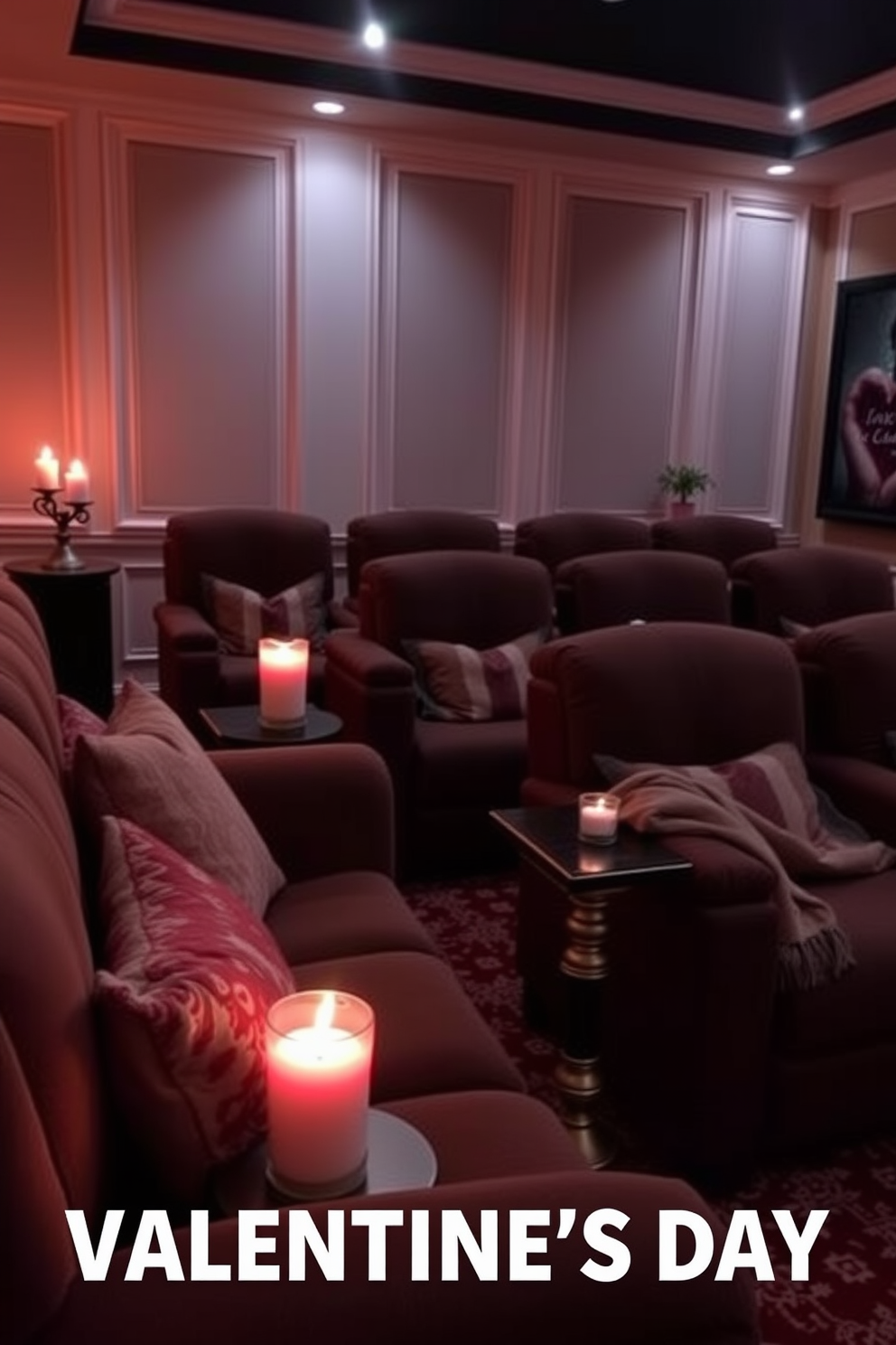 A cozy home theater setting perfect for Valentine's Day. Heart-shaped candles flicker gently on elegant side tables, casting a warm glow across the room. Plush seating is arranged for comfort, with soft blankets draped over the armrests. Romantic decor enhances the ambiance, creating an inviting atmosphere for a movie night.