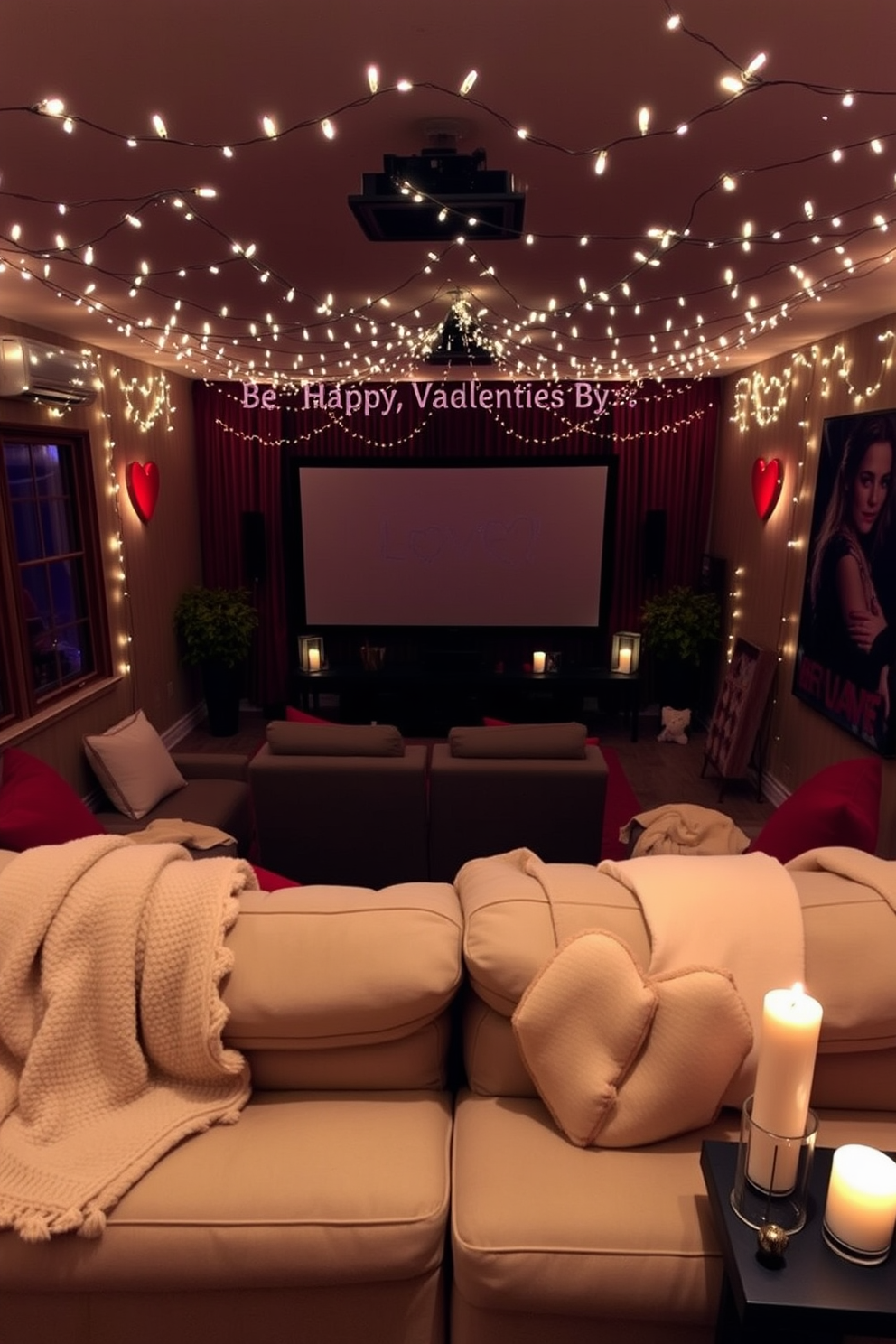 A cozy home theater adorned with decorative fairy lights that twinkle softly in the dim light. Plush seating is arranged in a semi-circle facing a large screen, creating an inviting atmosphere for movie nights. For Valentine's Day, the room is enhanced with romantic decorations such as heart-shaped pillows and red accents. Soft throws are draped over the seating, and candles flicker gently on side tables, adding to the intimate ambiance.