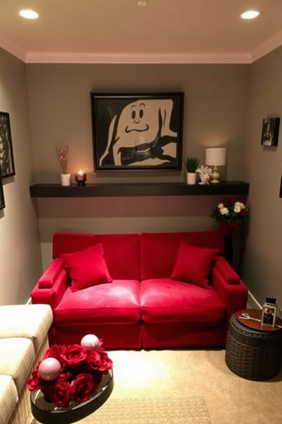 Create an inviting home theater setting for Valentine's Day. The room features plush red seating arranged in a semi-circle facing a large screen, with soft dimmable lighting creating a cozy atmosphere. On a side table, place colorful sweetheart candy jars for guests to enjoy during the movie. Adorn the walls with romantic artwork and hang string lights above for a festive touch.