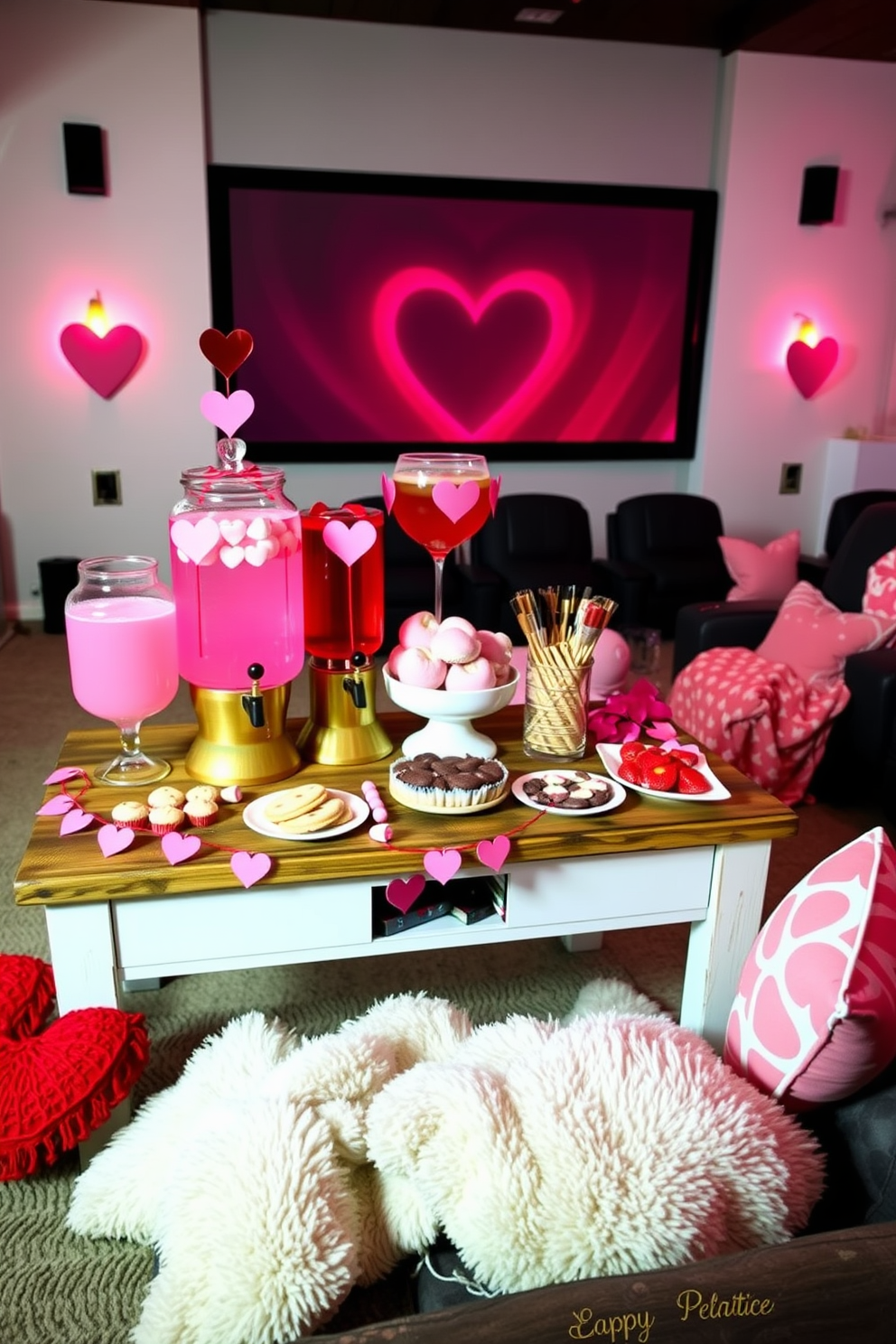 A charming Valentine's Day themed drink station is set up with a rustic wooden table adorned with heart-shaped decorations. Colorful drink dispensers filled with pink lemonade and strawberry-infused water sit alongside an array of heart-shaped cookies and chocolates. The home theater is transformed into a romantic retreat with soft pink and red lighting illuminating the space. Plush throw blankets and heart-patterned cushions are scattered across the seating area, creating an inviting atmosphere for a cozy movie night.