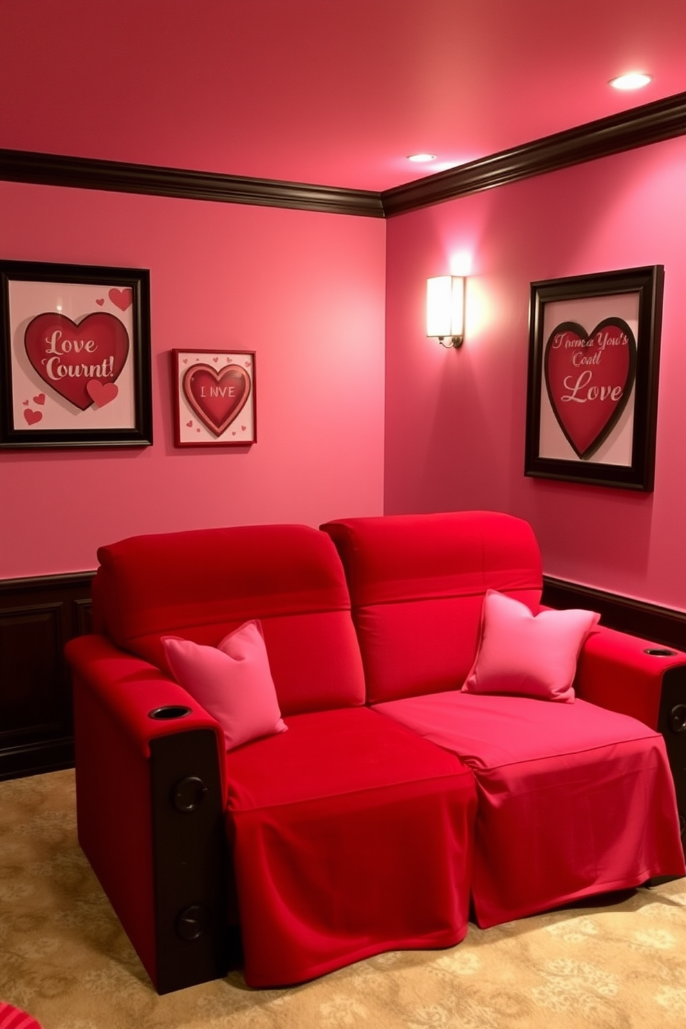 Create a cozy home theater setting perfect for a romantic movie night. The room features plush seating with soft blankets and dimmable lights to set the mood. Incorporate a romantic music playlist that enhances the ambiance of the space. Use speakers strategically placed around the room to create an immersive audio experience. For Valentine's Day, decorate with subtle touches of love. Add heart-shaped cushions and soft candlelight to create a warm and inviting atmosphere.