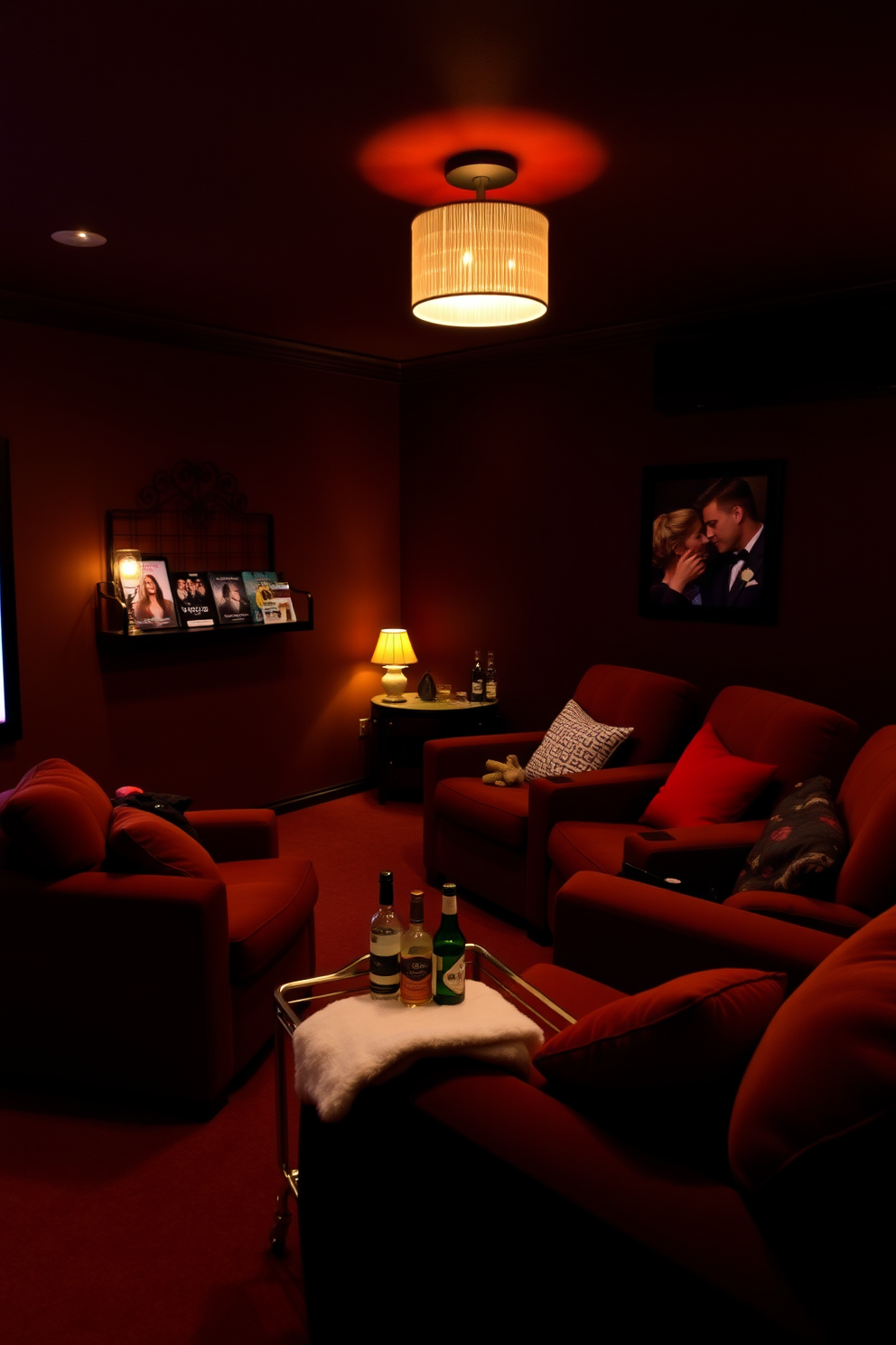 A cozy home theater setting perfect for a romantic evening. The room is dimly lit with soft, warm lighting and plush seating arranged for optimal viewing. The walls are adorned with rich, dark colors to create an intimate atmosphere. A decorative shelf displays a selection of romantic movies and a small bar cart holds drinks and snacks for the occasion.