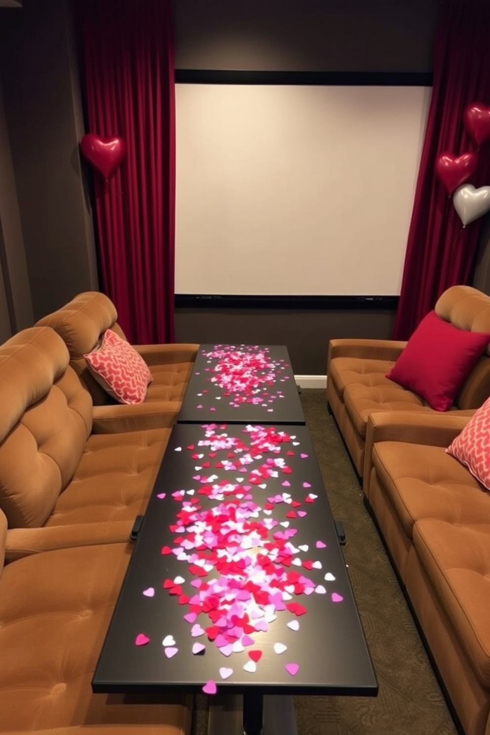 A cozy home theater setting decorated for Valentine's Day. Heart-shaped confetti is scattered across the tables, adding a festive touch to the plush seating area.