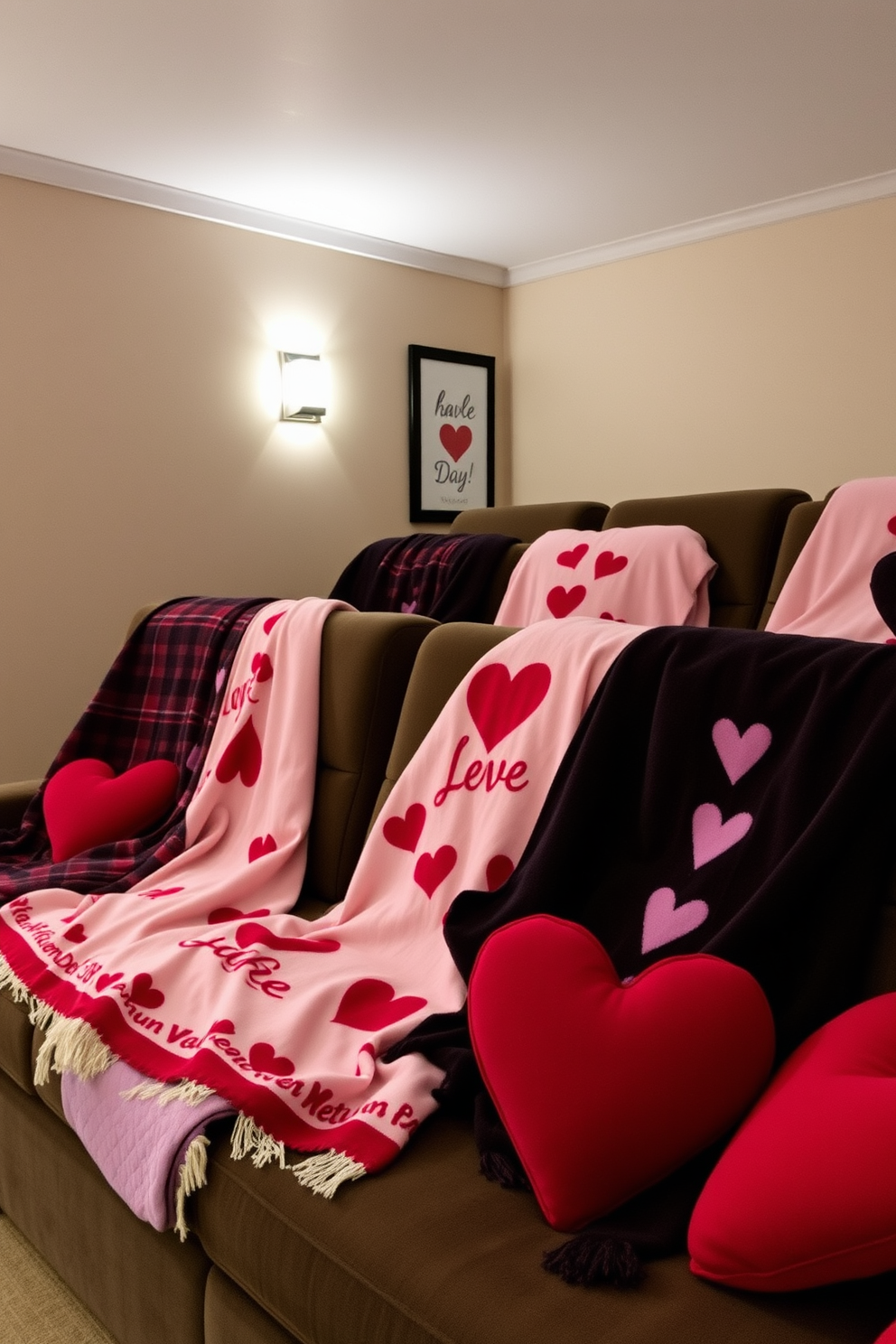 A cozy home theater setting adorned with Valentine's Day themed throw blankets draped over plush seating. Soft lighting enhances the romantic atmosphere, while heart-shaped cushions add a playful touch to the decor.