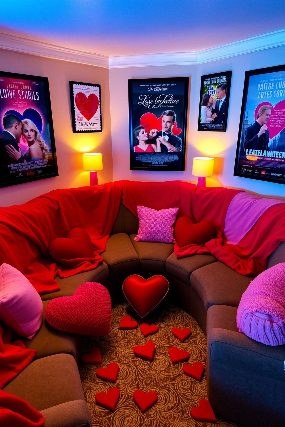 A cozy home theater setup for a Valentine's Day movie night. The walls are adorned with romantic movie posters featuring classic love stories, and soft lighting creates an intimate atmosphere. Plush seating is arranged in a semi-circle, draped with red and pink blankets. Heart-shaped cushions are scattered throughout, enhancing the festive decor for a perfect Valentine's celebration.