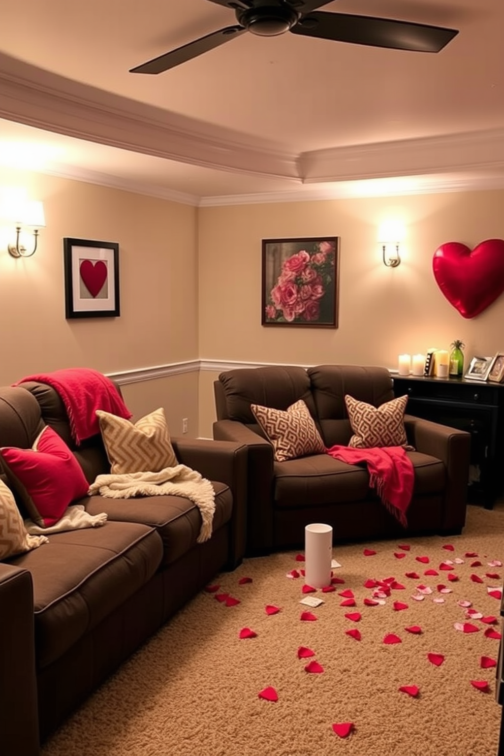 Create a cozy home theater setting perfect for Valentine's Day. Include plush seating with soft blankets, dimmable lighting, and romantic decor elements like personalized love notes hidden throughout the space.