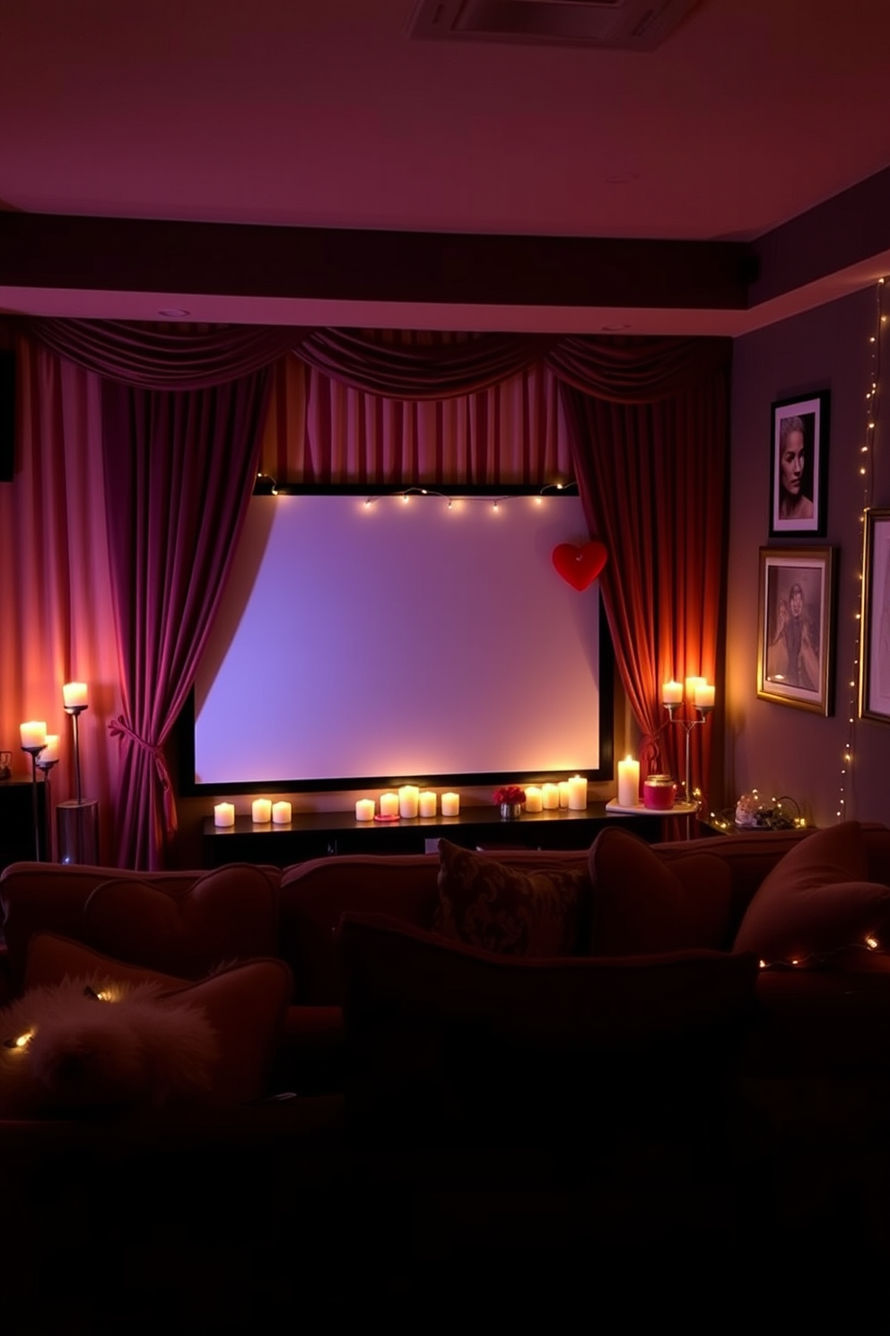 A cozy home theater setting with soft candlelight creating a warm and inviting atmosphere. Plush seating is arranged for optimal viewing, with a large screen framed by elegant drapery in rich colors. Decorations for Valentine's Day include heart-shaped pillows and romantic artwork adorning the walls. Subtle fairy lights twinkle around the room, enhancing the intimate vibe of the space.