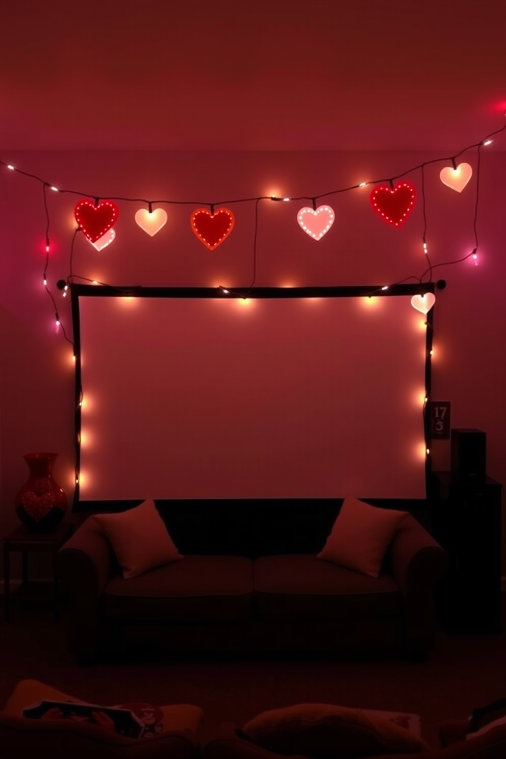 Create a cozy home theater setting adorned with string lights featuring heart-shaped designs. The warm glow from the lights enhances the romantic atmosphere, perfect for a Valentine's Day movie night.