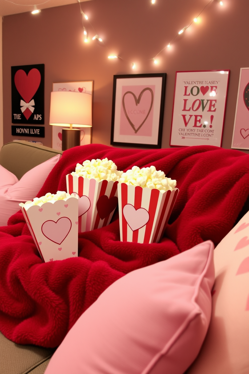 Create a cozy home theater setting for Valentine's Day. The popcorn containers are heart-shaped and decorated with romantic patterns, placed on a plush red blanket draped over a comfortable couch. Soft lighting enhances the ambiance, with string lights twinkling above. Surrounding the theater area are decorative elements like love-themed posters and cushions in shades of pink and white.