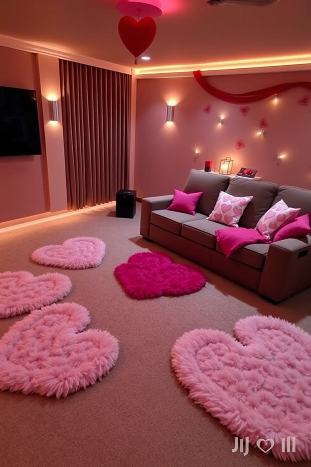 A cozy home theater adorned with a heart garland draped across the screen creates a romantic atmosphere for Valentine's Day. Plush seating is arranged in front of the screen, with soft pillows and throws in shades of red and pink enhancing the decor.