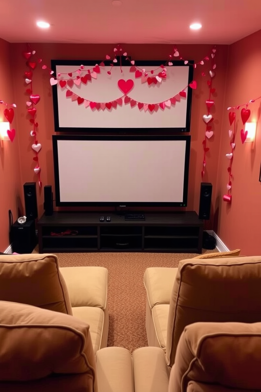 Create a cozy home theater setting adorned with decorative heart garlands draped around the screens. The room features plush seating with soft cushions, and the walls are painted in a warm, inviting color to enhance the Valentine's Day ambiance.