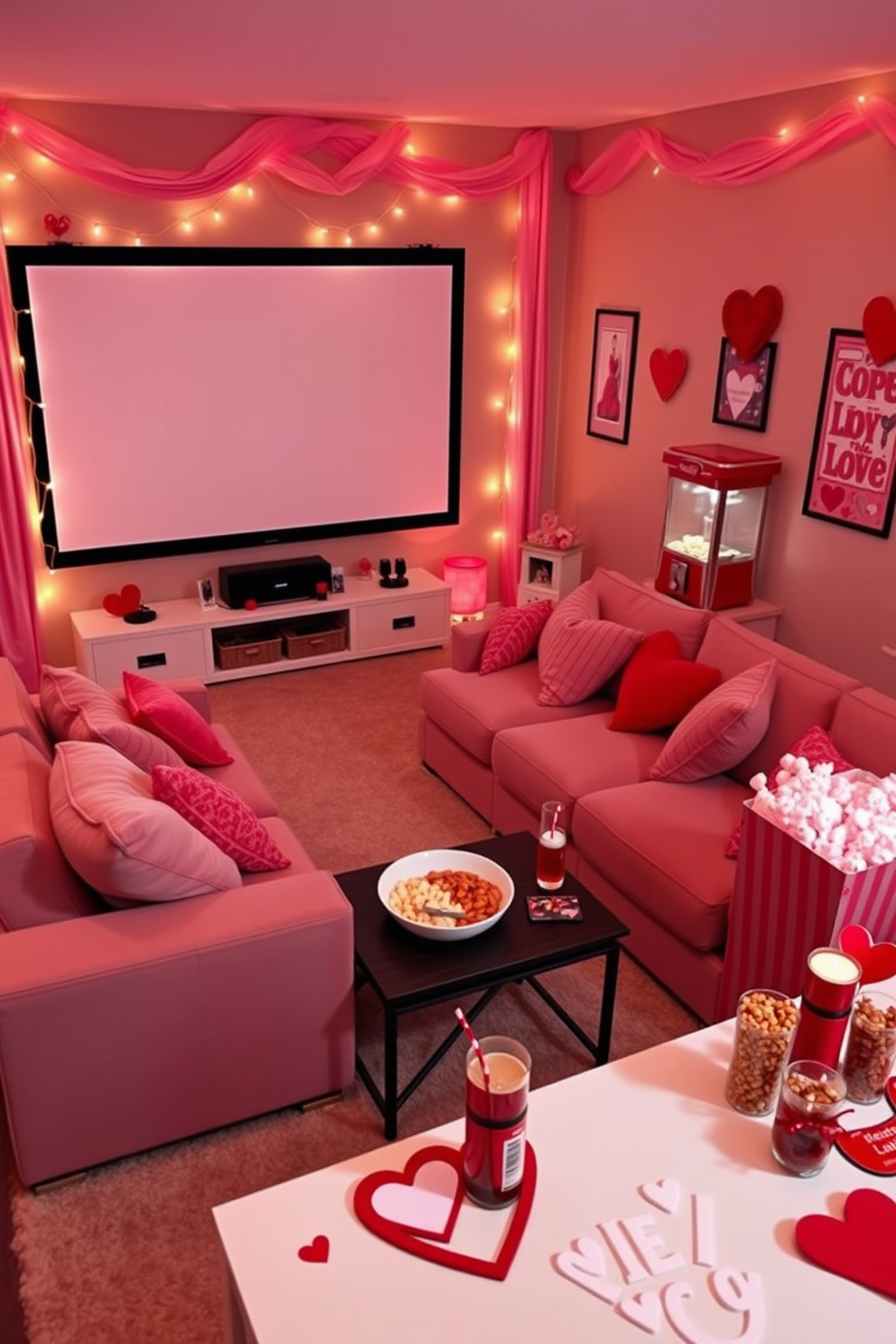 A cozy home theater setting adorned with Valentine themed plush toys. The plush toys are arranged on a soft, oversized couch, surrounded by heart-shaped cushions and fairy lights for a romantic ambiance.