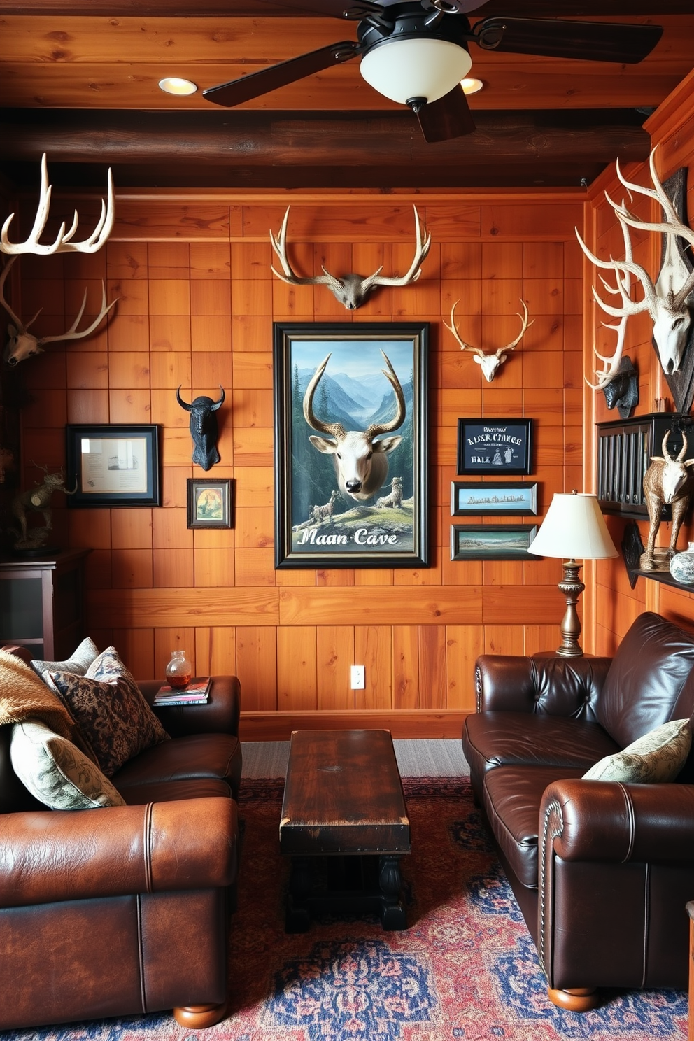 A cozy man cave featuring rustic wood accents and rugged stone walls. The space includes a large leather sofa facing a stone fireplace, with wooden beams overhead adding warmth to the atmosphere. In one corner, a handcrafted wooden bar is stocked with various spirits and barstools made from reclaimed wood. Vintage hunting memorabilia decorates the walls, enhancing the theme of outdoor adventure and relaxation.