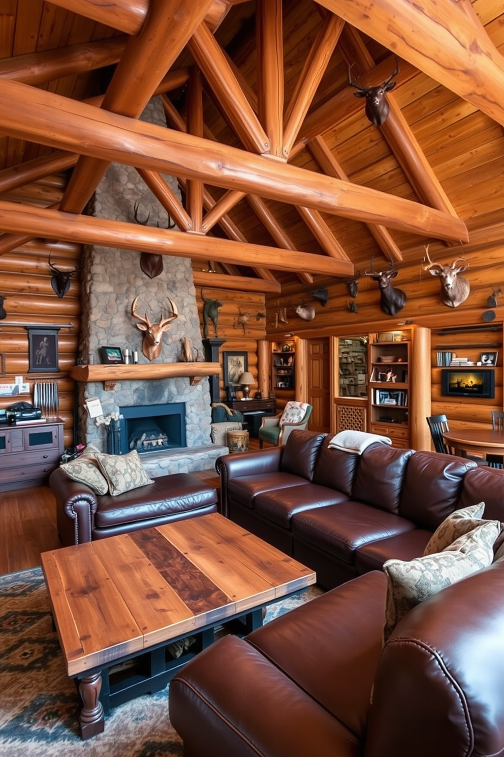 A cozy cabin interior featuring exposed wooden beams that create a warm and inviting atmosphere. The space includes rustic furnishings and a stone fireplace that enhances the man cave vibe. The walls are adorned with hunting-themed decor, including mounted trophies and vintage hunting gear. A large leather sectional sofa is positioned around a reclaimed wood coffee table, perfect for relaxation and entertainment.