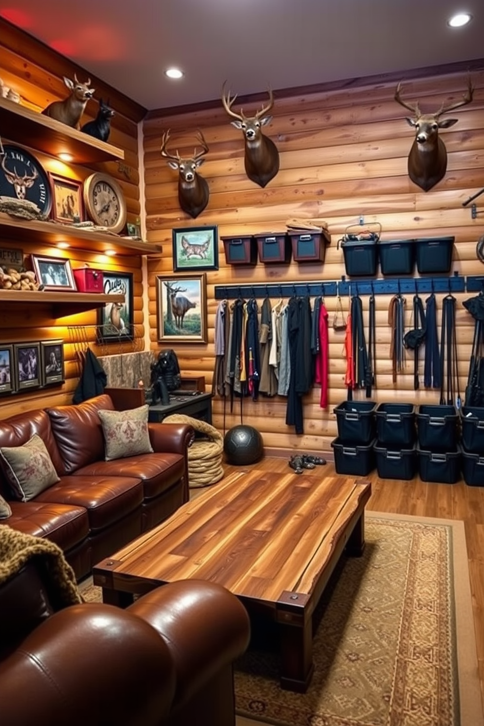 A rustic hunting man cave featuring custom-built storage solutions for hunting gear. The space includes wooden shelves for displaying trophies, a comfortable leather sofa, and a large coffee table made from reclaimed wood. The walls are adorned with hunting-themed artwork and mounted deer heads. Ambient lighting creates a warm atmosphere, while a dedicated corner showcases organized gear with hooks and bins for easy access.