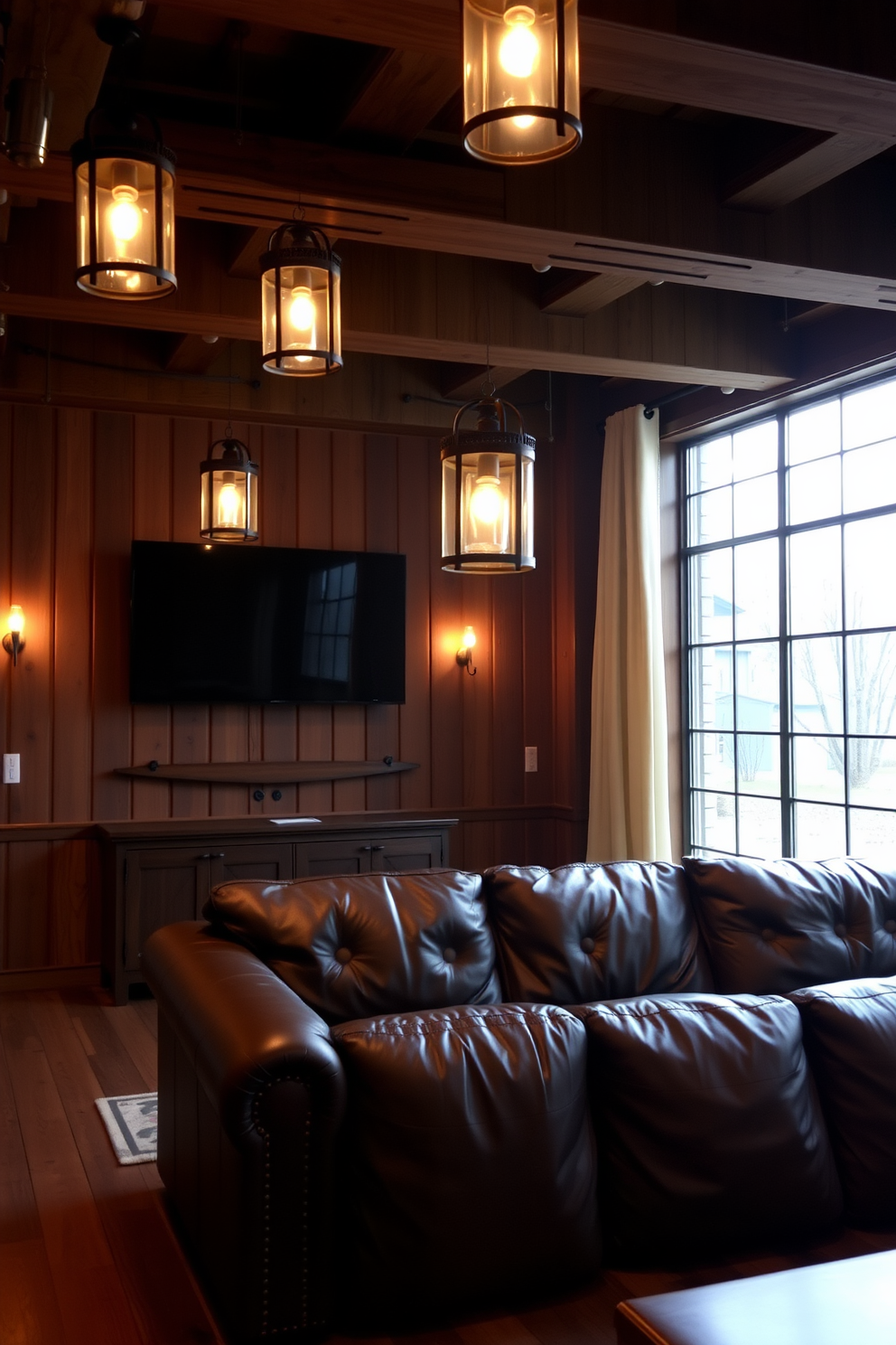 A cozy man cave design featuring warm lighting with lantern-style fixtures hanging from the ceiling. The walls are adorned with rustic wood paneling, and a large leather sectional sofa invites relaxation in the space.