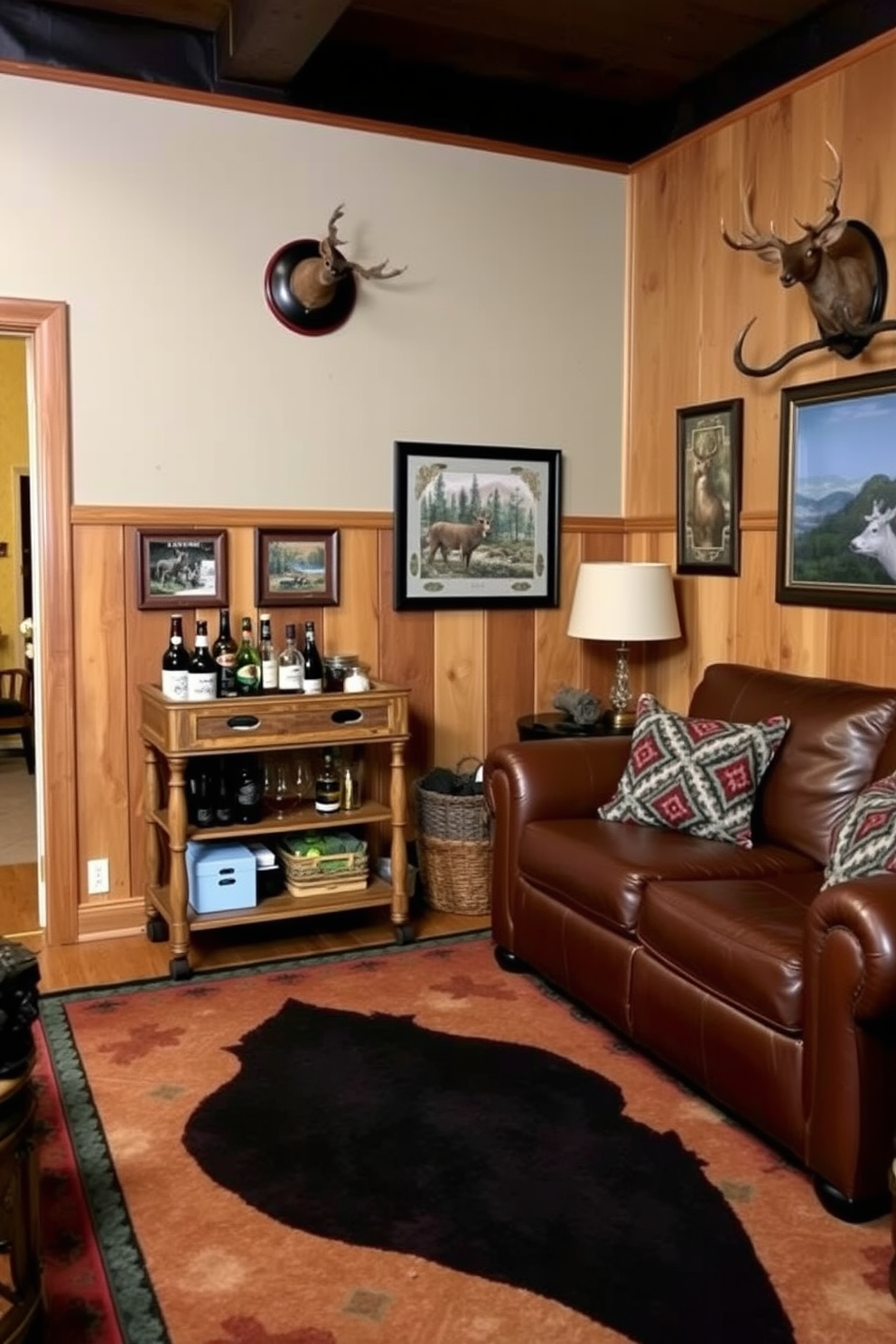 A cozy man cave featuring an outdoor-themed rug that adds warmth and texture to the space. The walls are adorned with rustic wood paneling, and comfortable leather seating invites relaxation after a long day. In one corner, a vintage wooden bar cart is stocked with a selection of craft beers and whiskey. The decor includes framed hunting trophies and nature-inspired artwork, creating an inviting atmosphere for gatherings.