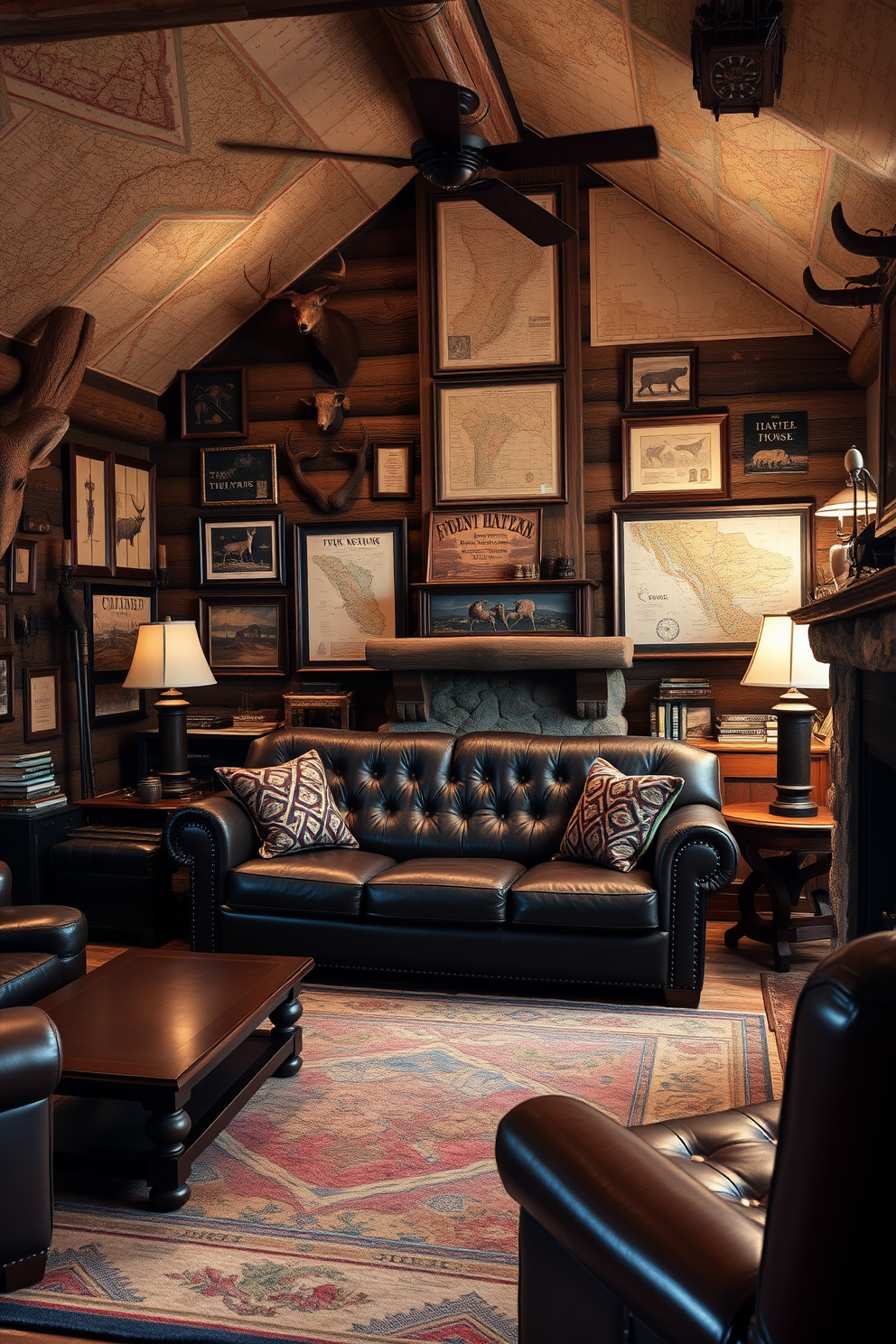 A rustic man cave featuring wall-mounted fishing rods as decor. The walls are adorned with various fishing memorabilia, and a comfortable leather couch sits in the center of the room.