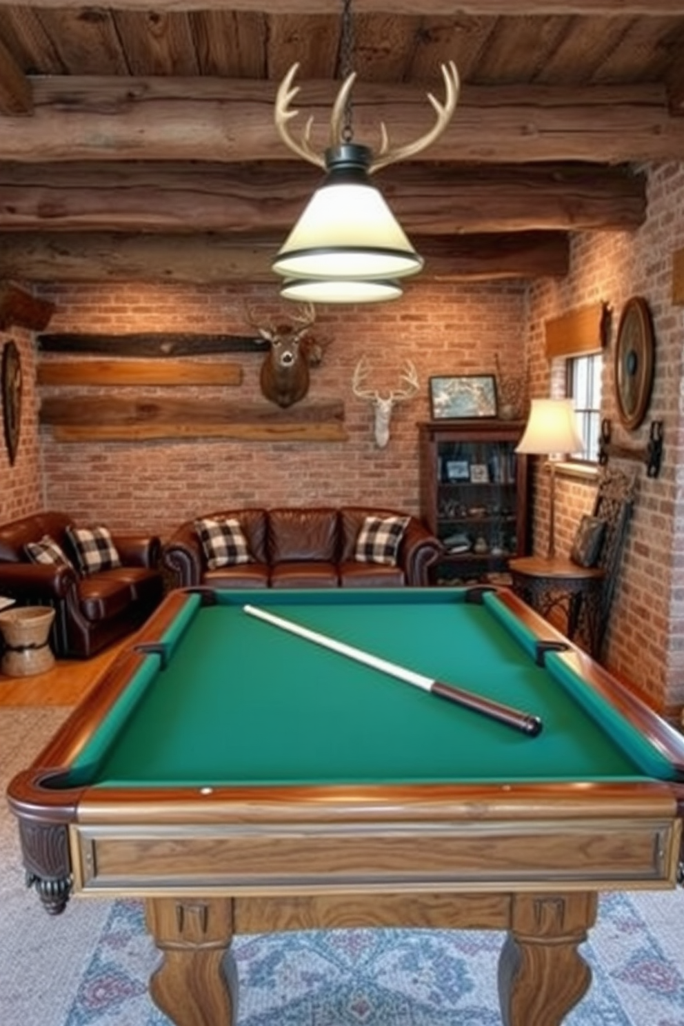 A billiards table with rustic accents takes center stage in a cozy man cave. Surrounding the table are reclaimed wood beams and exposed brick walls, creating a warm and inviting atmosphere. In one corner, a vintage leather sofa complements the rustic theme, adorned with plaid throw pillows. A mounted deer head and hunting memorabilia add character to the space, making it a perfect retreat for relaxation and entertainment.