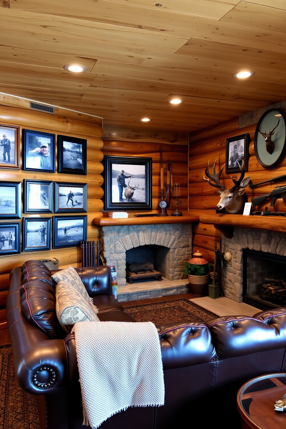 A cozy man cave adorned with framed photographs of hunting trips. The walls are lined with rustic wood paneling, creating a warm and inviting atmosphere. A plush leather sofa is positioned in front of a stone fireplace, providing a perfect spot to relax. Vintage hunting gear and trophies are displayed on shelves, adding character to the space.