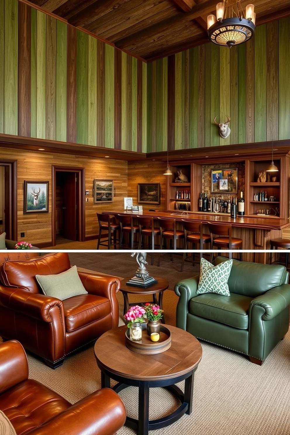 A nature-inspired color palette featuring various shades of green creates a serene atmosphere. The walls are adorned with textured wood panels, and the furniture is upholstered in earthy tones. For the hunting man cave, incorporate rustic elements such as leather seating and a reclaimed wood bar. Display hunting trophies and vintage memorabilia to enhance the theme while ensuring comfort and style.