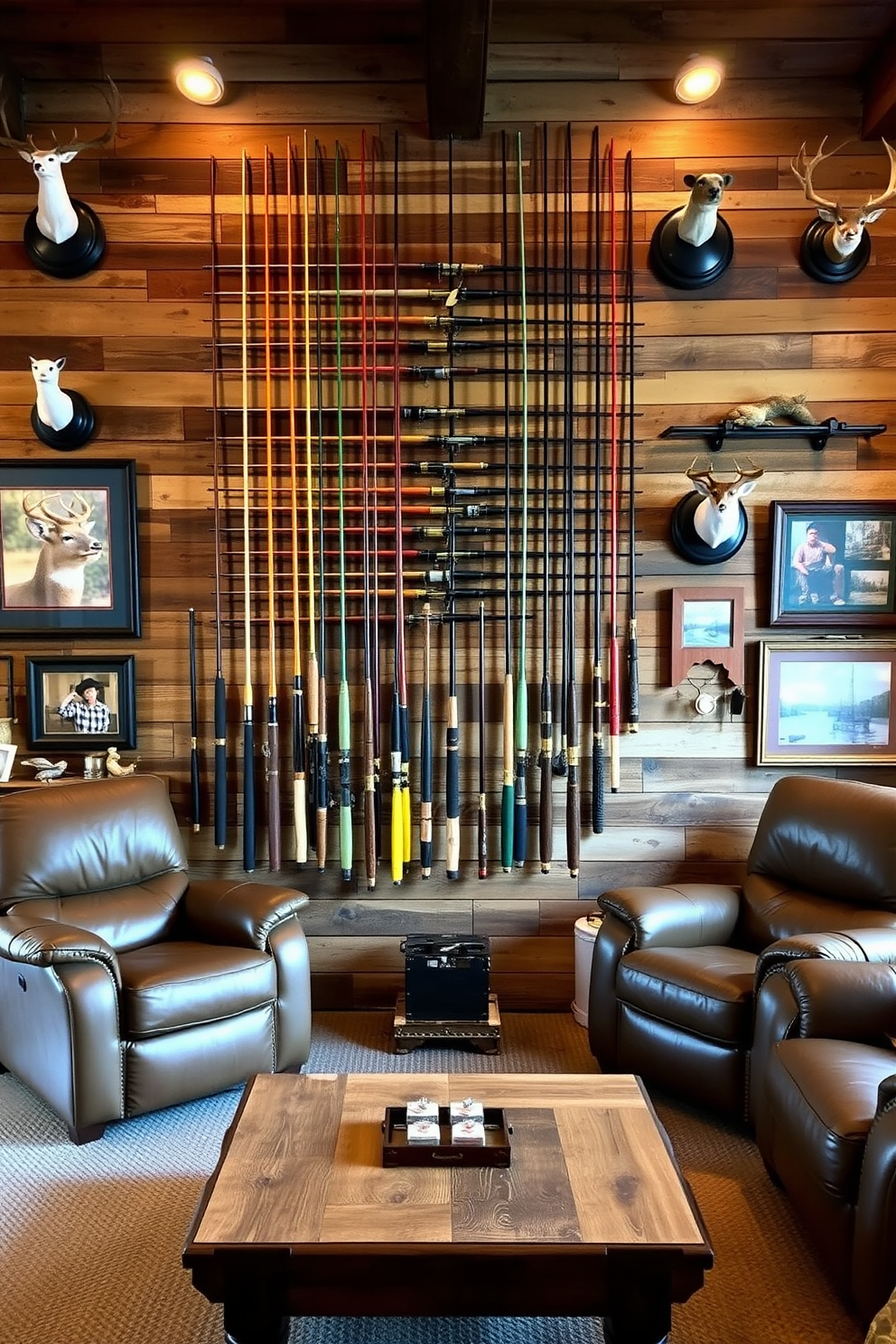 A collection of vintage fishing rods displayed as wall art creates an eye-catching focal point in the room. The rods are arranged in an artistic pattern against a rustic wooden backdrop, showcasing their unique colors and designs. The man cave features a cozy seating area with leather recliners and a reclaimed wood coffee table. Soft lighting highlights the hunting-themed decor, including mounted trophies and framed photographs of outdoor adventures.