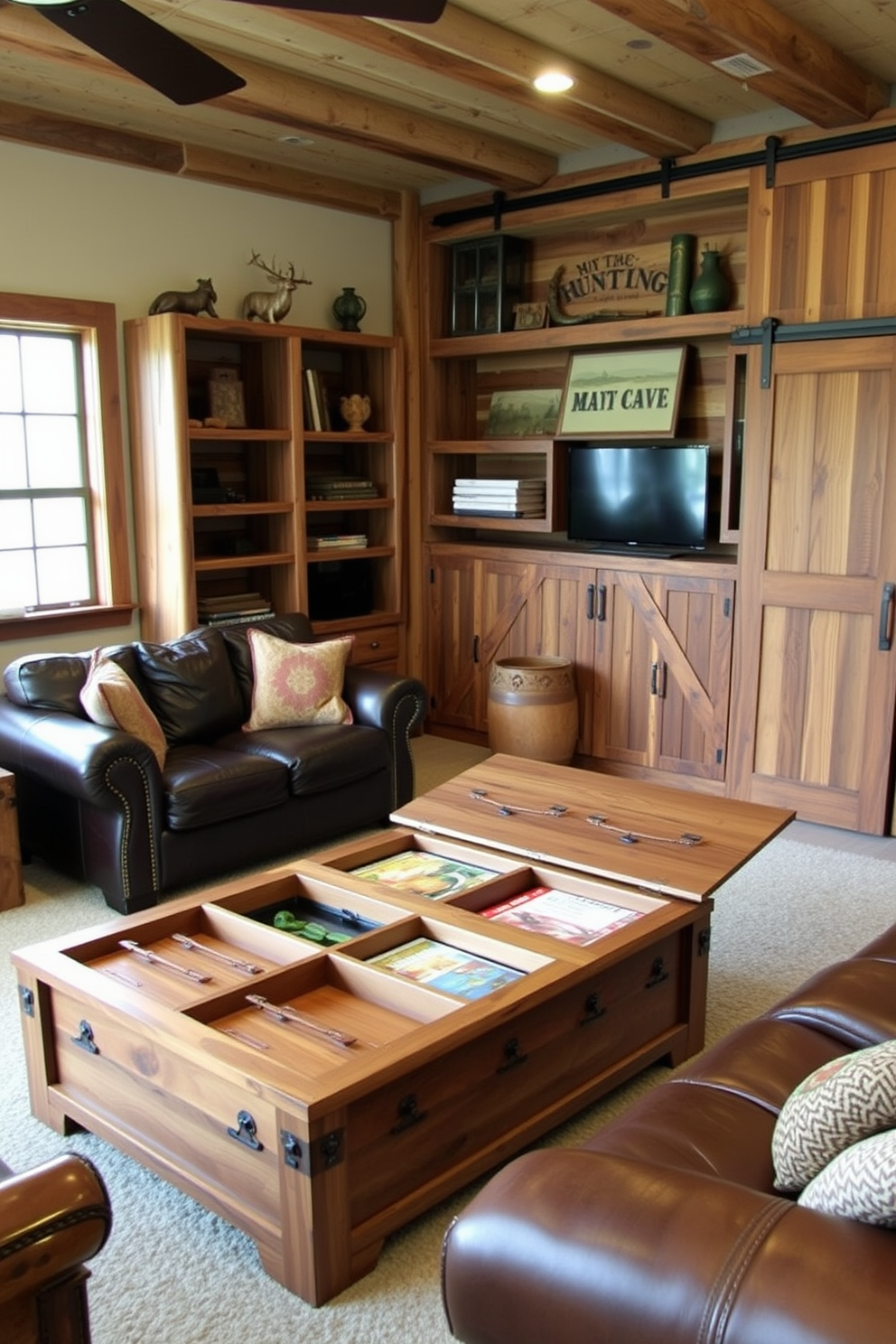 A cozy man cave featuring rustic furniture with hidden storage solutions. The room is adorned with a large wooden coffee table that opens to reveal compartments for games and magazines. In one corner, a plush leather sofa complements the rugged wood accents throughout the space. Shelves made from reclaimed wood display hunting memorabilia and provide additional concealed storage behind sliding doors.