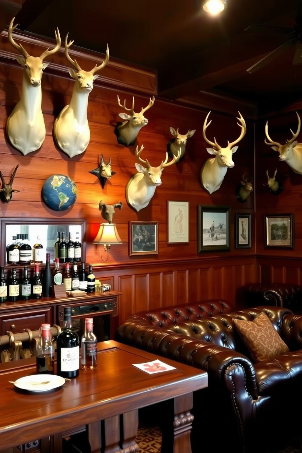 A cozy man cave featuring vintage hunting trophies elegantly mounted on the walls. The space is adorned with rich wood paneling and leather furniture, creating a warm and inviting atmosphere. A rustic bar area complements the design, showcasing a selection of vintage whiskey bottles and hunting memorabilia. Soft lighting highlights the trophies, enhancing the overall charm of this hunting-themed retreat.