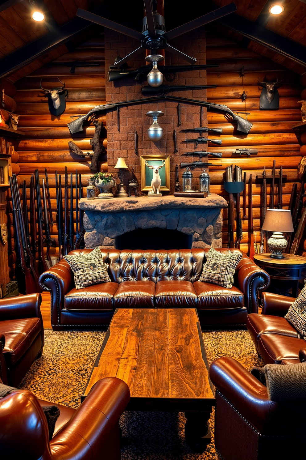 A rustic man cave adorned with antique hunting equipment as decor. The walls are lined with wooden panels, and various vintage rifles and trophies are displayed prominently. A large leather sofa sits in the center, surrounded by a reclaimed wood coffee table and a stone fireplace. Warm lighting casts a cozy glow, enhancing the inviting atmosphere of the space.