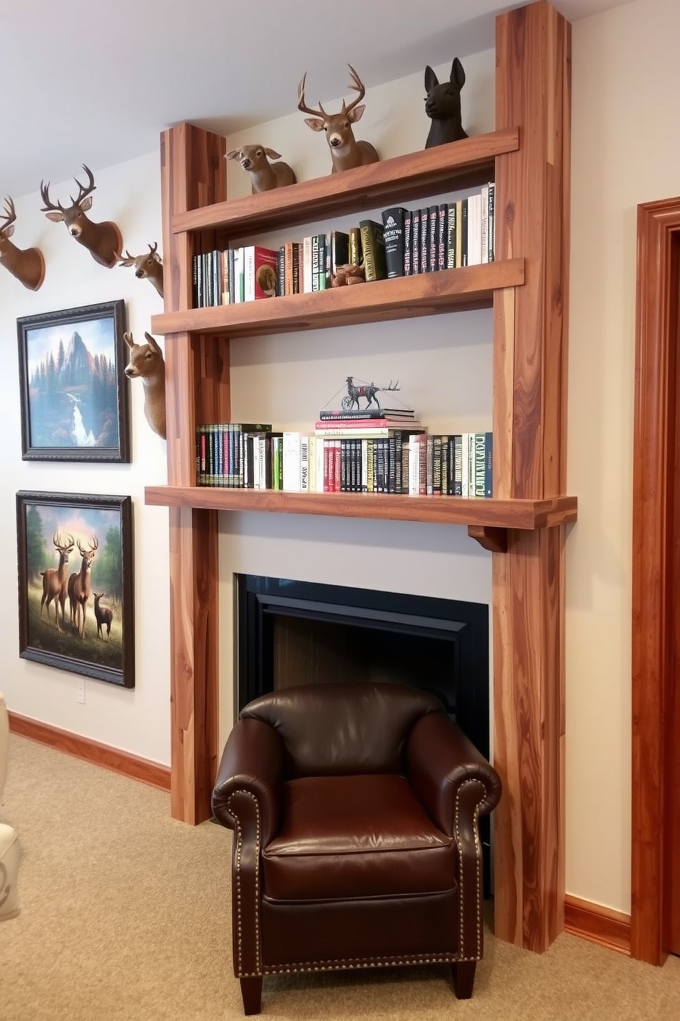 Custom shelving for books and trophies creates a functional yet stylish focal point in a hunting man cave. The shelves are crafted from reclaimed wood, showcasing a rustic charm while providing ample space for displaying collectibles and personal achievements. The walls are adorned with hunting-themed artwork and mounted trophies, adding character to the space. A comfortable leather armchair is positioned nearby, inviting relaxation and conversation in this uniquely designed retreat.