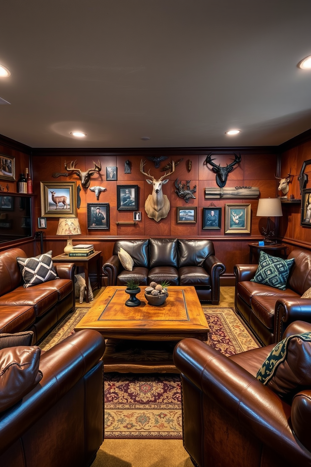 A cozy man cave featuring leather accents on the walls and furniture creates a warm and inviting atmosphere. The walls are adorned with rich brown leather panels, while the seating consists of plush leather sofas and armchairs. A rustic wooden coffee table sits at the center, surrounded by a collection of vintage hunting memorabilia. Soft ambient lighting highlights the leather textures, enhancing the overall rugged charm of the space.