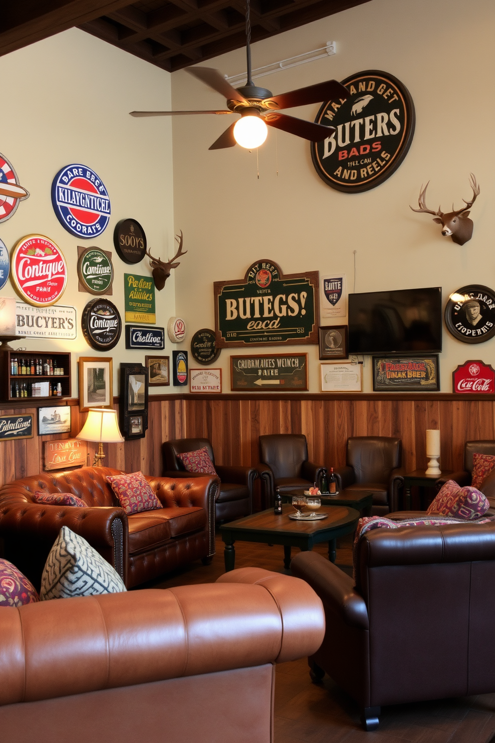 A cozy man cave featuring hunting-themed throw pillows and blankets. The walls are adorned with rustic wood paneling, and a large leather sectional sofa is centered in the room. A mounted deer head adds a touch of the outdoors, while a coffee table made from reclaimed wood sits in front. A vintage hunting rifle displayed on a wall shelf complements the overall theme and ambiance.